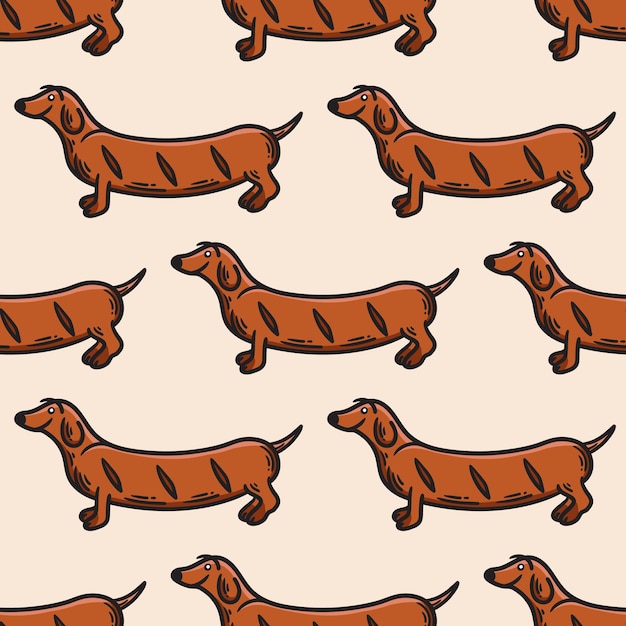 Patrón sin fisuras de un perro con un cuerpo de salchicha en estilo vintage