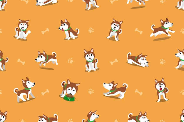 Patrón sin fisuras de perro husky siberiano de dibujos animados de vector