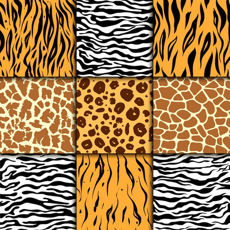 Vector patrón sin fisuras con piel de guepardo, cebra y tigre, estampado de animales exóticos de leopardo y jirafa.