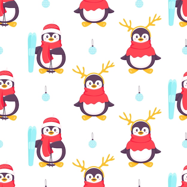 Patrón sin fisuras de pingüinos. Pingüino de dibujos animados con esquís y astas. Fondo de vector lindo invierno ilustración azul. Feliz Navidad y próspero año nuevo de patrones sin fisuras con pingüinos en vector.