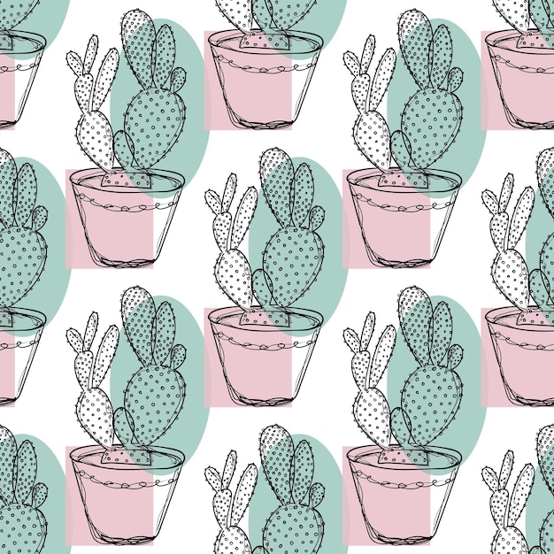 Patrón sin fisuras con la planta de la casa de cactus sobre fondo blanco. ilustración de vector de doodle.