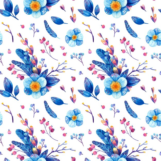 Patrón sin fisuras con plantas azules y púrpuras Plumas acuarelas rosas y violetas flores hojas