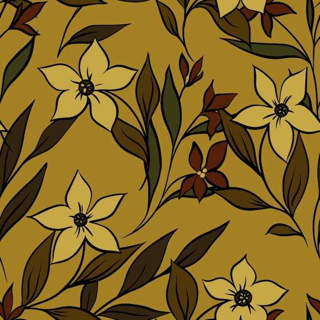 Patrón sin fisuras con plantas de contorno en estilo vintage. Estampado floral antiguo con flores dibujadas a mano, hojas, ramitas. Diseño de fondo floral con flores pequeñas, hojas en colores naturales. Vector.