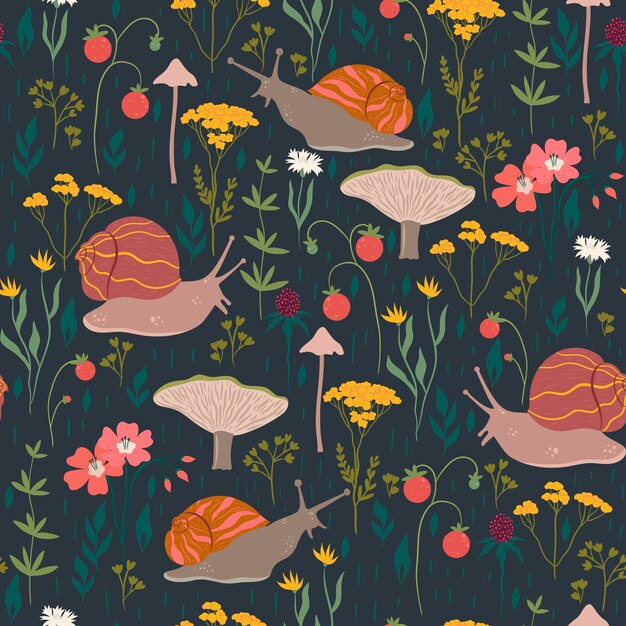 Patrón sin fisuras con plantas forestales y caracoles. Gráficos vectoriales.