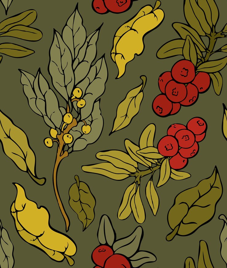 Patrón sin fisuras con plantas Ramita de laurel y arándano rojo con hojas y bayas Autum