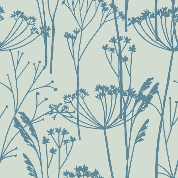 Patrón sin fisuras de plantas silvestres. Ilustración de vector dibujado a mano. Adorno floral en estilo retro. Diseño botánico vintage para textil, papel tapiz, fondo, decoración.