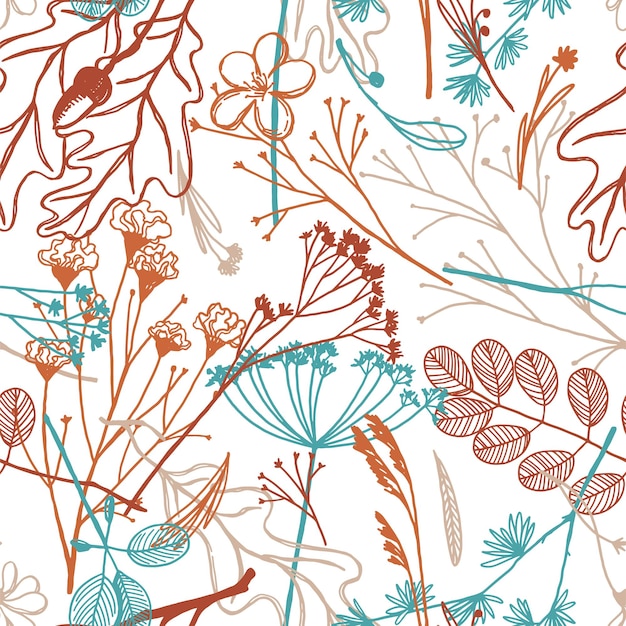 Patrón sin fisuras de plantas silvestres. Ilustración de vector dibujado a mano. Adorno floral en estilo retro. Diseño botánico vintage para textil, papel tapiz, fondo, decoración.