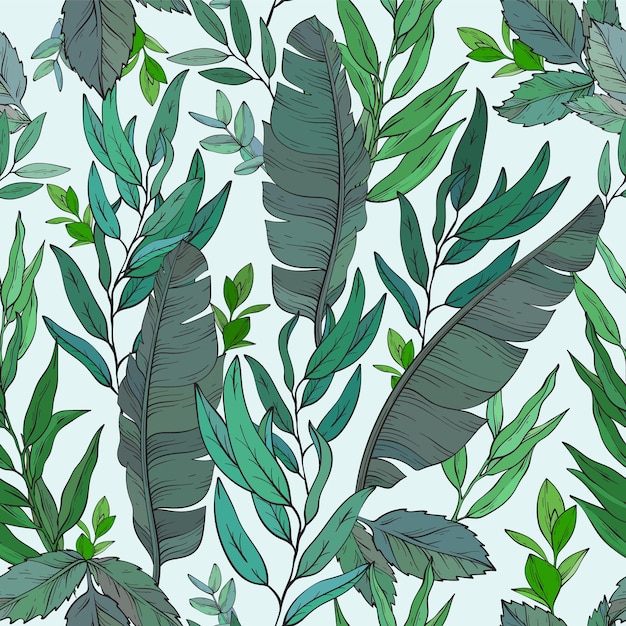 Patrón sin fisuras con plantas verdes dibujadas a mano
