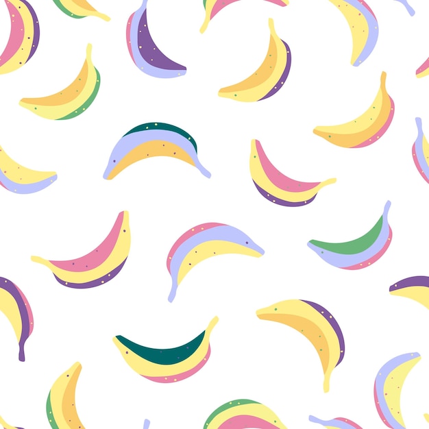 Patrón sin fisuras con plátano de colores sobre fondo blanco.