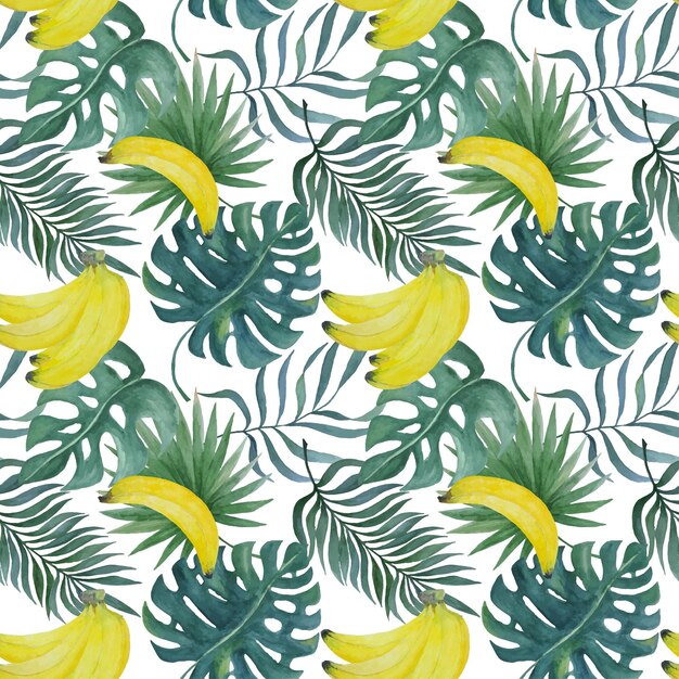 Patrón sin fisuras con plátanos y hojas tropicales vector