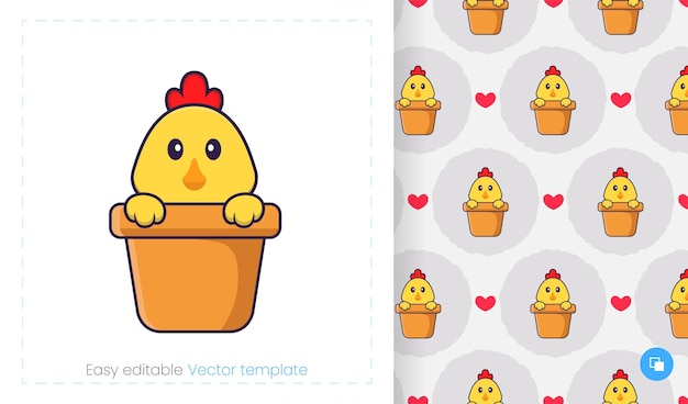 Patrón sin fisuras con pollo de dibujos animados sobre fondo blanco.