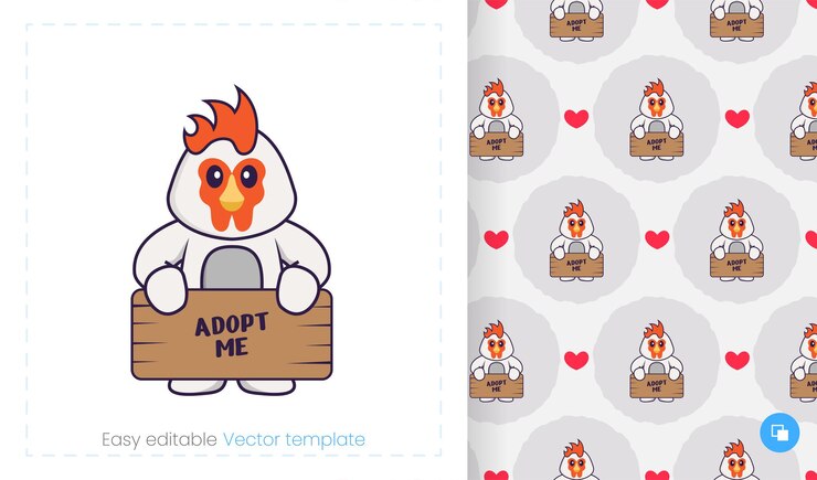 Vector patrón sin fisuras con pollo de dibujos animados sobre fondo blanco.