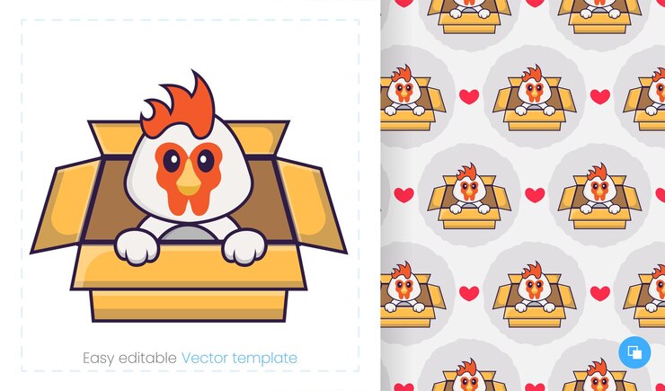 Vector patrón sin fisuras con pollo de dibujos animados sobre fondo blanco.