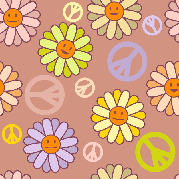 Patrón sin fisuras positivo con símbolo de paz y flores sonrientes Estampado vintage para camiseta textil y tela Ilustración vectorial dibujada a mano para decoración y diseño