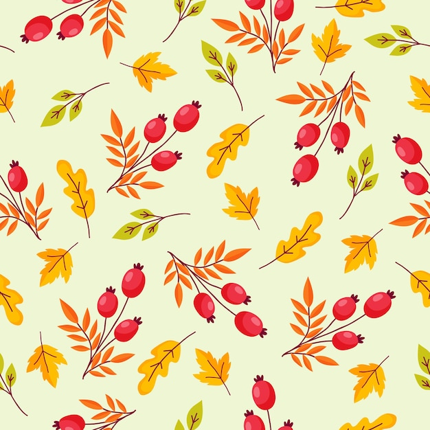 Patrón sin fisuras con ramas de otoño y hojas sobre fondo blanco. Ornamento floral dibujado a mano en colores amarillo y rojo. Fondo brillante para imprimir sobre tela, papel tapiz y papel. Vector