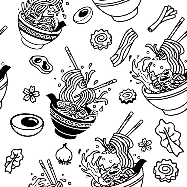 Patrón sin fisuras de ramen e ilustración de vector de ingrediente