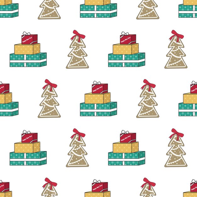Patrón sin fisuras con regalo de árbol de navidad de pan de jengibre y palabras festivas impresas para feliz año nuevo y ...