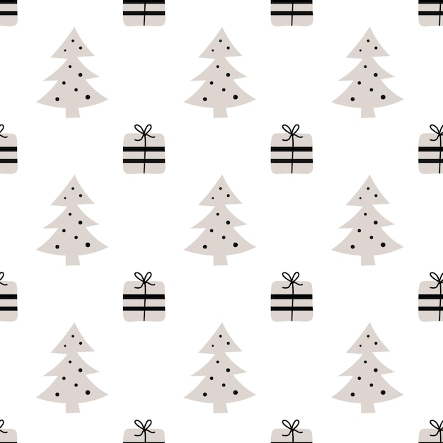 Patrón sin fisuras con regalo y árbol de Navidad Papel de regalo de año nuevo con estampado nórdico de Navidad