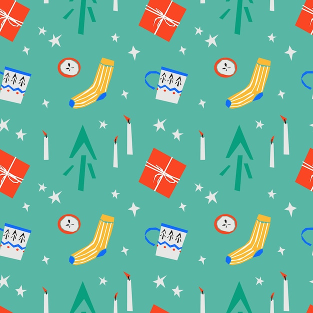 Vector patrón sin fisuras con regalos calcetines tazas árboles de navidad y velas