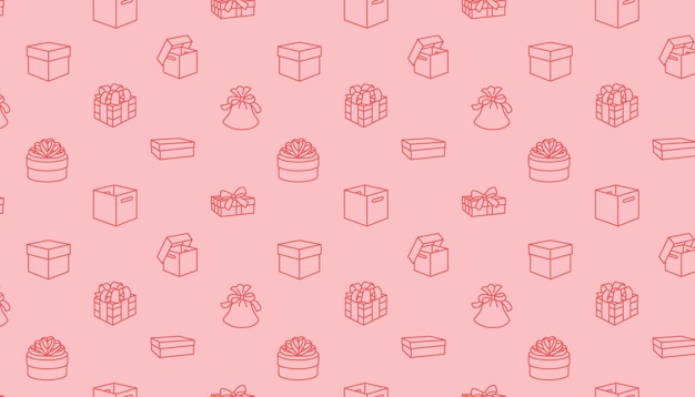 Un patrón sin fisuras de regalos con un fondo rosa en estilo de línea