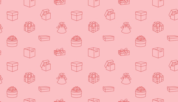 Un patrón sin fisuras de regalos con un fondo rosa en estilo de línea