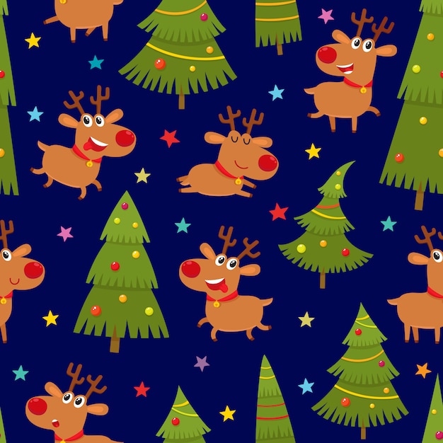 Patrón sin fisuras con renos de dibujos animados lindo y árbol de Navidad