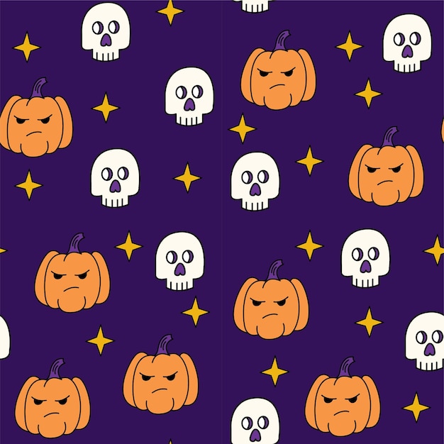 Patrón sin fisuras retro de Halloween con calabazas y calaveras.
