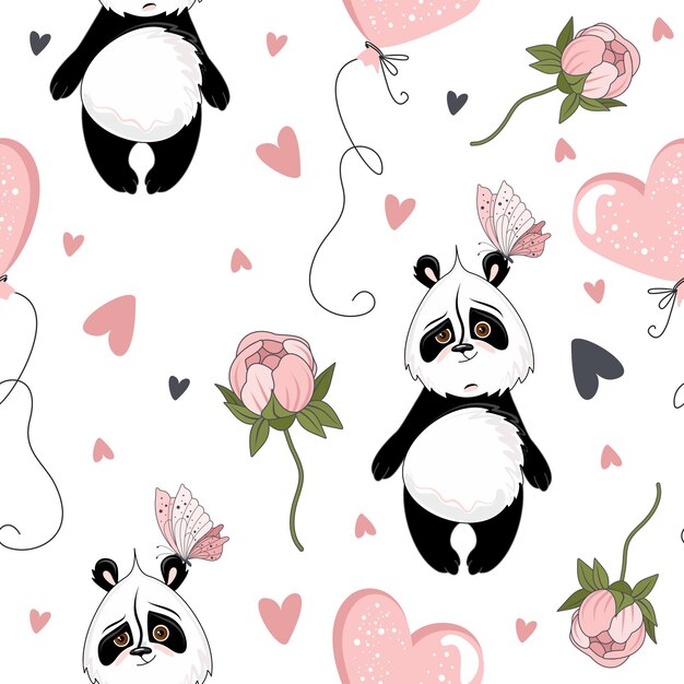 Patrón sin fisuras de San Valentín. Panda romántico con elementos festivos.