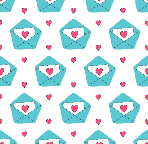 El patrón sin fisuras de San Valentín con sobres de amor estilo Doodle