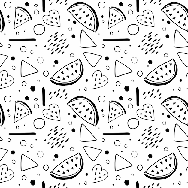 Patrón sin fisuras con sandías y elementos en estilo memphis. Estampado en blanco y negro con frutas y formas geométricas. Ilustración dibujada a mano