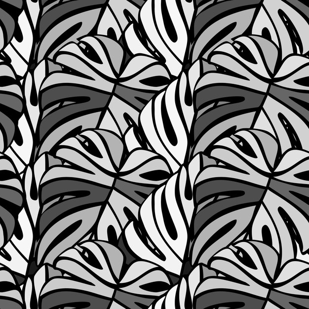 Patrón sin fisuras de la selva monocromática. Planta exótica. Fondo floral de hojas de palmeras tropicales.