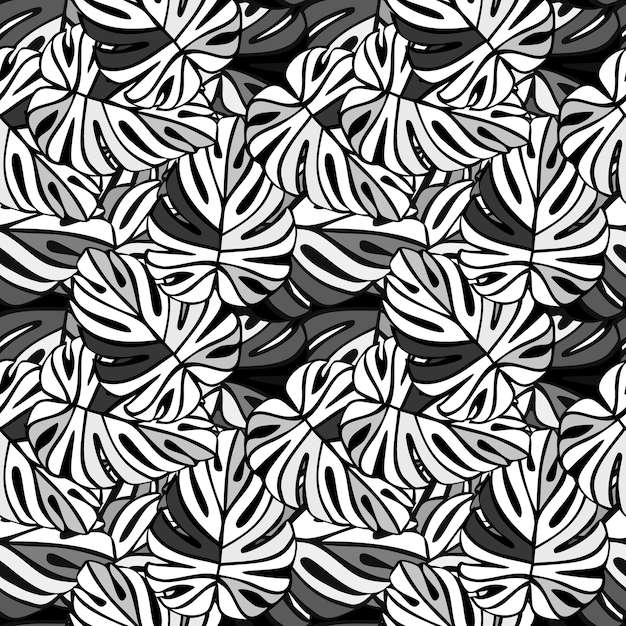 Patrón sin fisuras de la selva monocromática. Planta exótica. Fondo floral de hojas de palmeras tropicales.