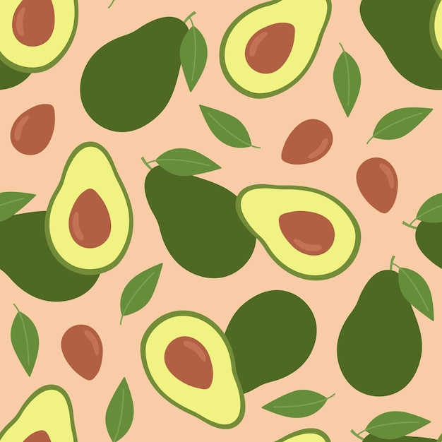 Patrón sin fisuras con semillas y hojas de rodajas de aguacate, fruta, aguacate, vegetales frescos y saludables