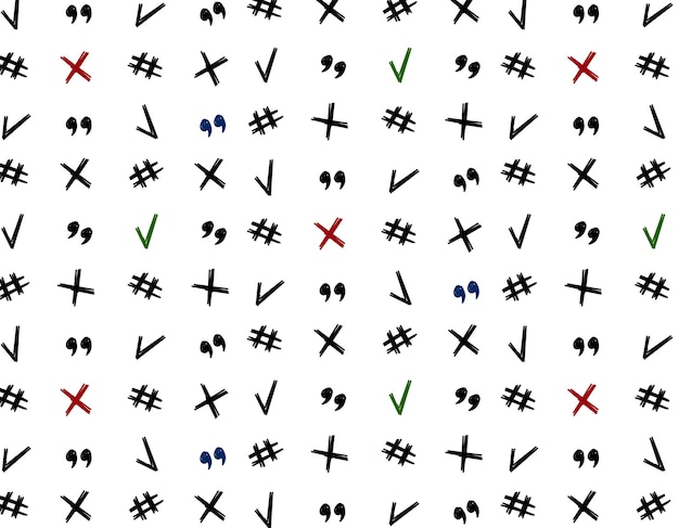 Patrón sin fisuras de signos de garabato elementos ilustrativos marca de verificación comillas cruzadas