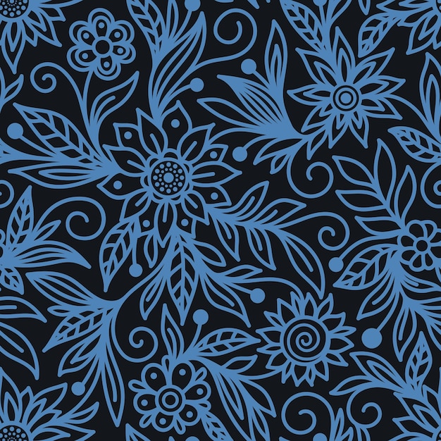 Patrón sin fisuras con una silueta de flores azules sobre un fondo azul oscuro en un vector