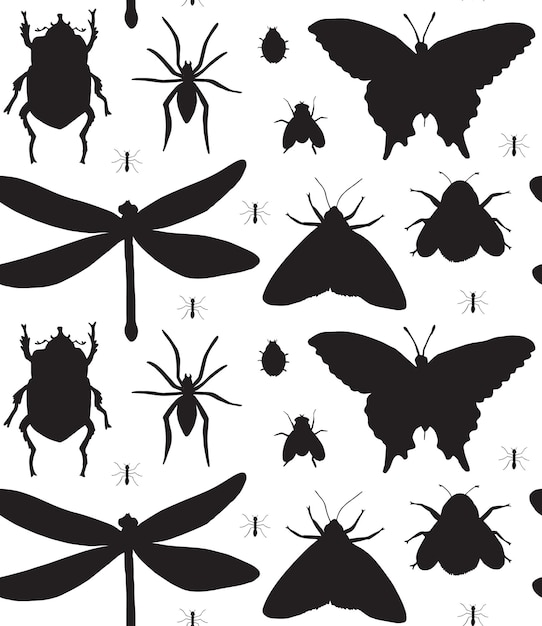 Patrón sin fisuras de siluetas de diferentes insectos
