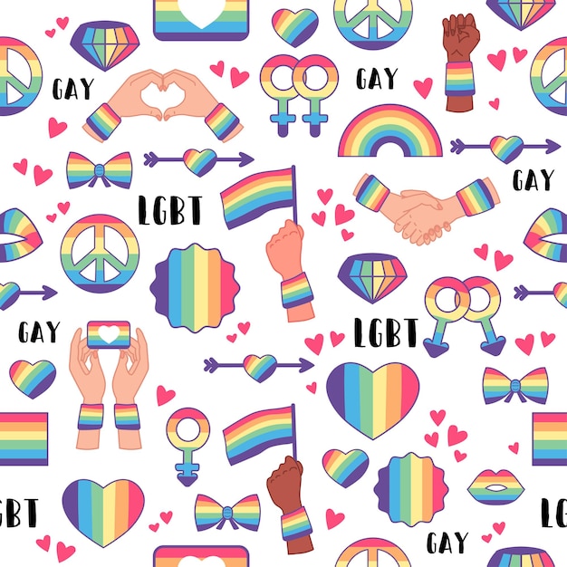 Patrón sin fisuras con símbolos de derechos lgbt de arco iris. elemento de diseño para tarjetas de san valentín o etc. tema lgbt y amor. fondo de desfile gay