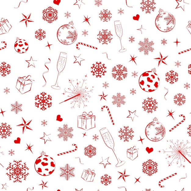 Patrón sin fisuras de símbolos navideños, rojo sobre blanco