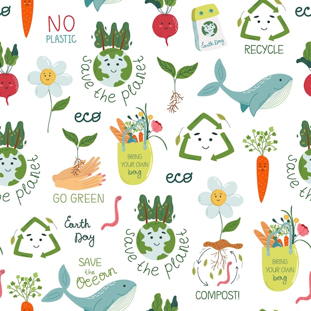 Patrón sin fisuras con símbolos de vida ecológica y saludable Conservación del medio ambiente Concepto del Día de la Tierra