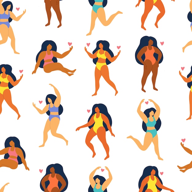 Patrón sin fisuras sobre fondo blanco. Mujeres lindas en traje de baño y bikini. Cuerpo Positivo.