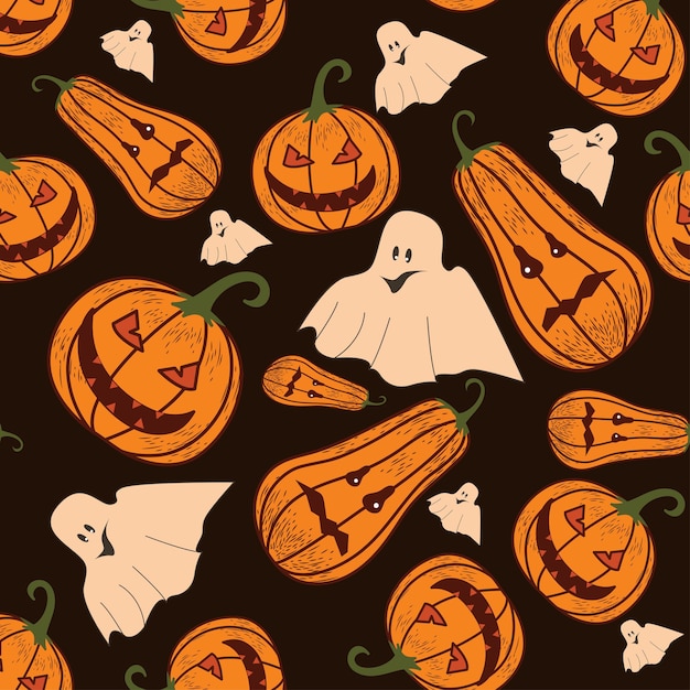 Patrón sin fisuras sobre un fondo oscuro en la fiesta - halloween. calabazas, un fantasma, un murciélago. ilustración vectorial.