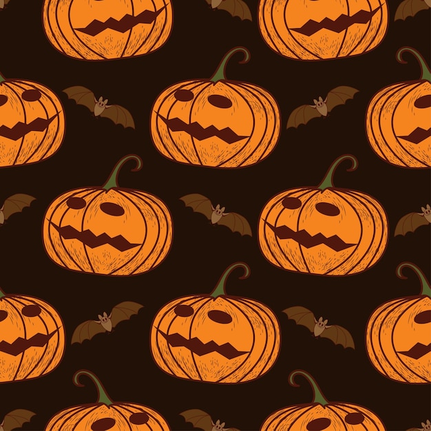 Patrón sin fisuras sobre un fondo oscuro en la fiesta - Halloween. Calabazas, un fantasma, un murciélago. Ilustración vectorial.
