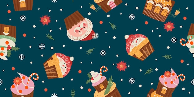 Patrón sin fisuras sobre un fondo oscuro Magdalenas divertidas en forma de Santa Claus