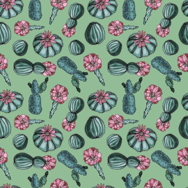 Patrón sin fisuras sobre un fondo verde de cactus florecientes. Delicado estampado floral abstracto