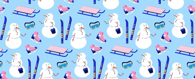 Patrón sin fisuras sobre el tema de las curas de salud Fondo vectorial con trineo de muñeco de nieve y esquís