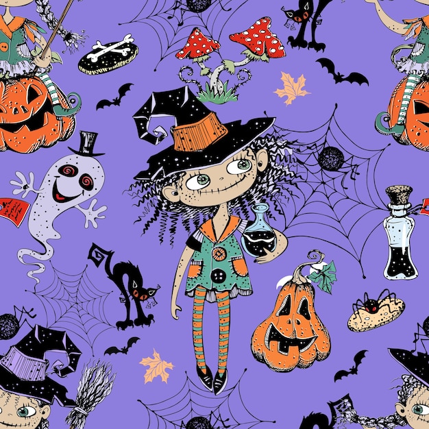 Vector patrón sin fisuras sobre el tema de halloween con niñas brujas calabazas y varios elementos de terror