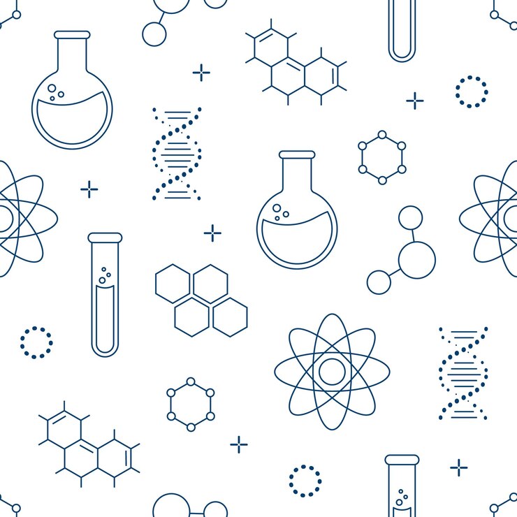 Vector patrón sin fisuras sobre el tema de la química con matraces, tubos de ensayo, moléculas
