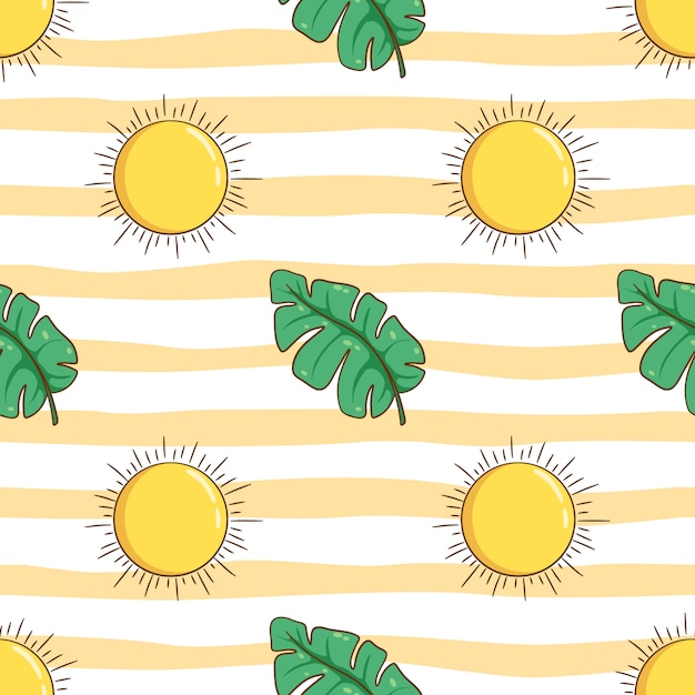 Patrón sin fisuras de sol y hojas para el concepto de verano con estilo doodle