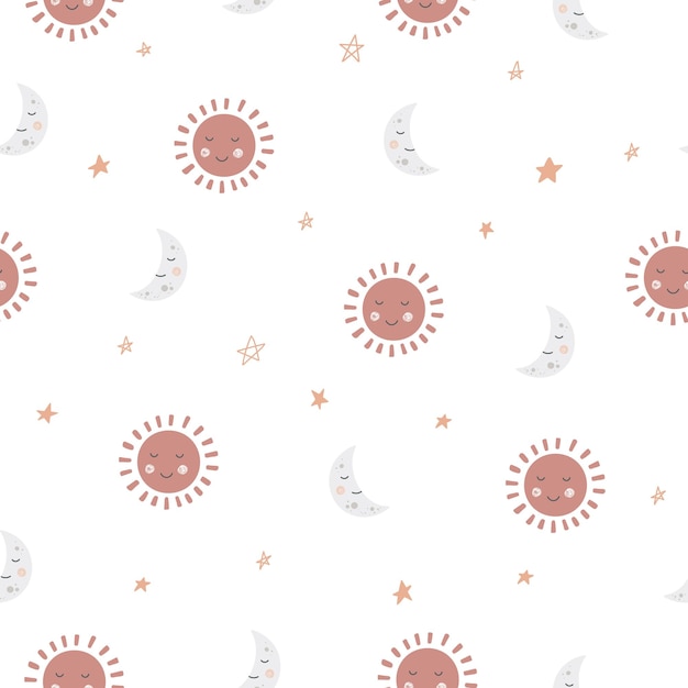 Patrón sin fisuras con sol y luna. Decoración de pared bohemia. Textura para impresión, textil, embalaje.