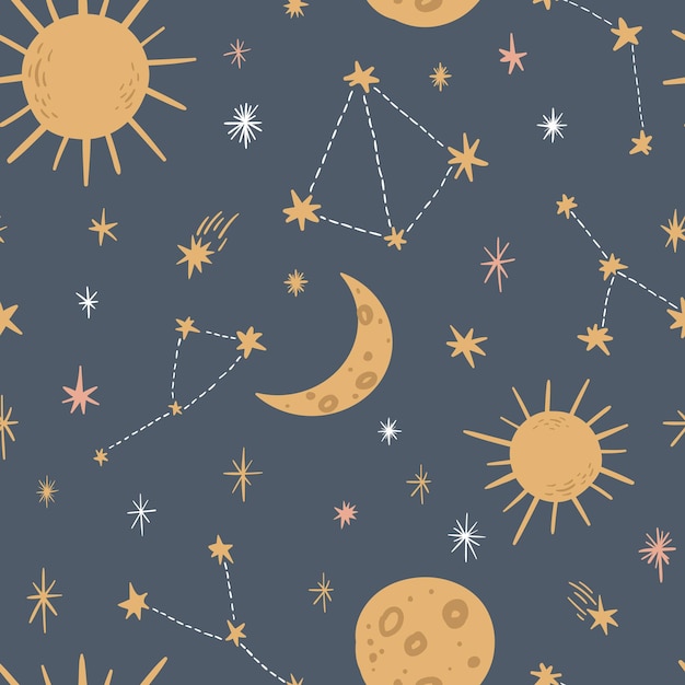 Patrón sin fisuras con sol, luna, estrellas y constelaciones. Ilustración de vector o impresión, tela, textil, tela, fondo